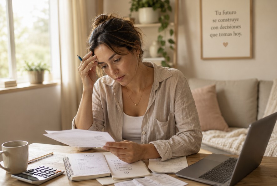 Mujer reflexionando sobre sus finanzas